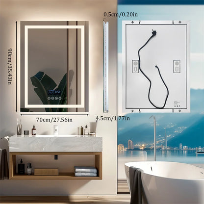 Smart Rectangle Bluetooth Bathroom Mirror with Time & Temperature Display, Double light，Dimmable LED, Anti-Fog, and Built-in Speaker