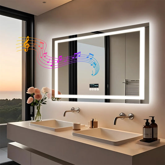 Large Rectangle Bluetooth Smart Bathroom Mirror Illuminated Defog with Speakers and Time/Date/Temperature Display
