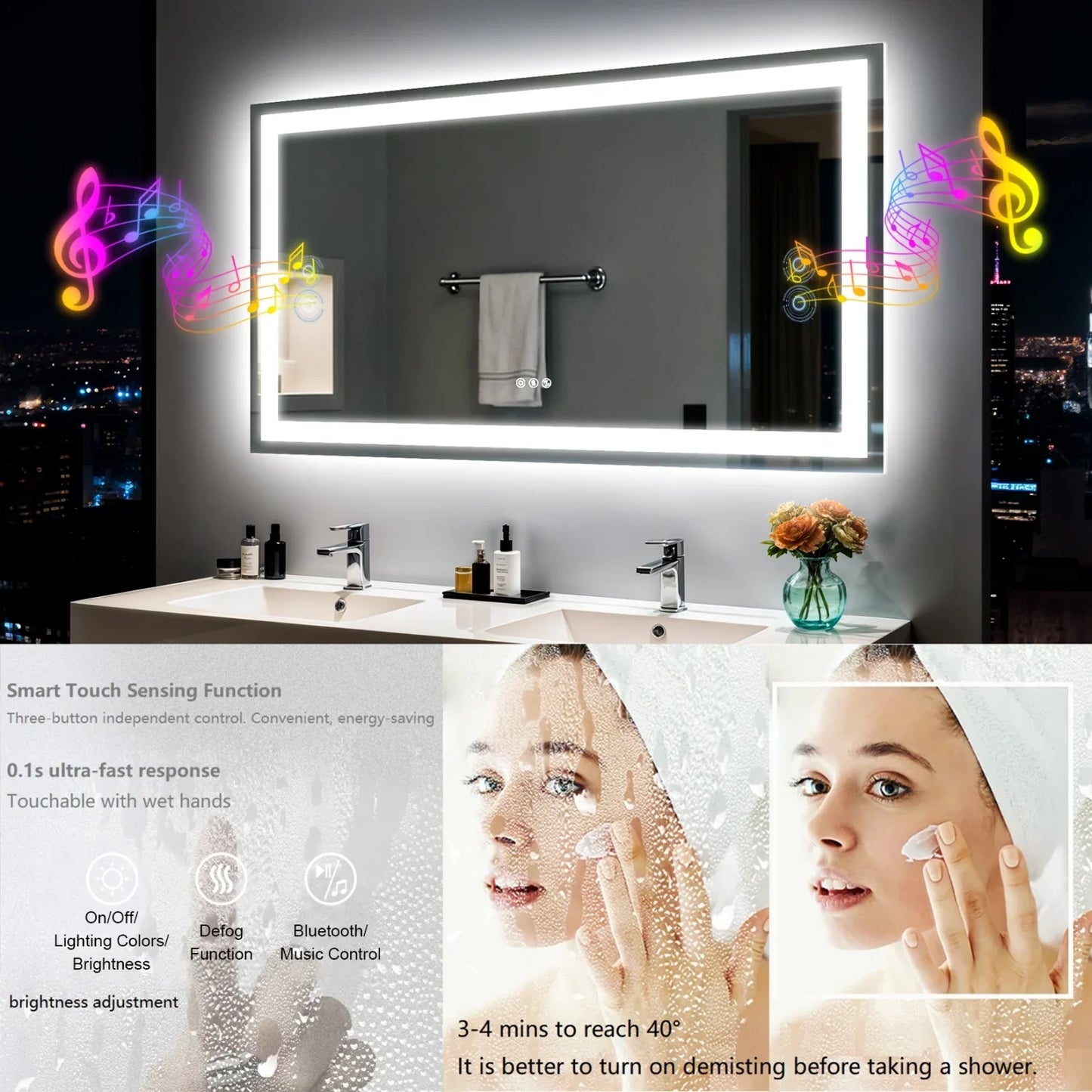 Rectangle LED Bathroom Mirror with Bluetooth Speaker 3 Colors Dimmable Defog Vanity Mirror