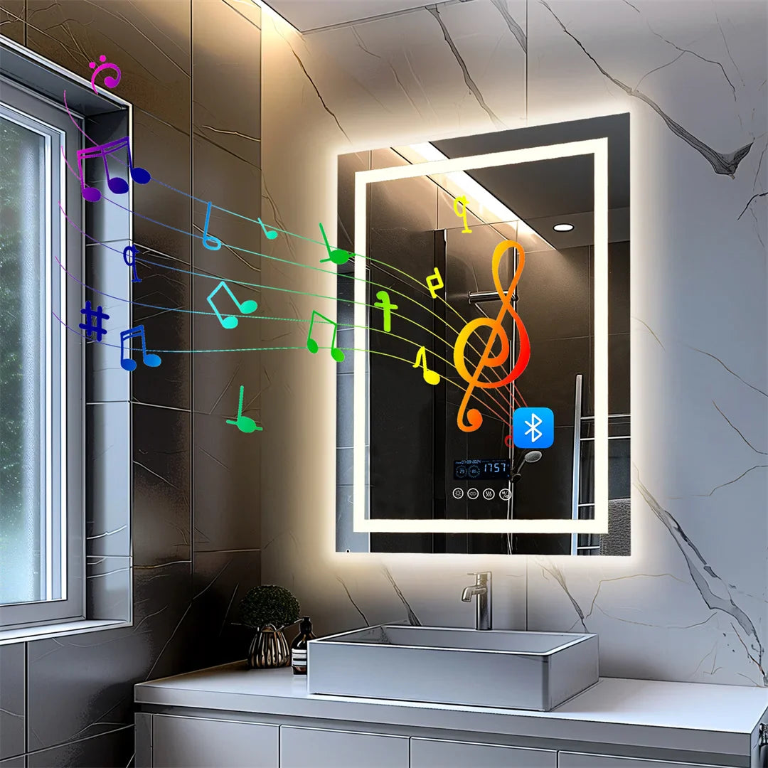 Smart Rectangle Bluetooth Bathroom Mirror with Time & Temperature Display, Double light，Dimmable LED, Anti-Fog, and Built-in Speaker