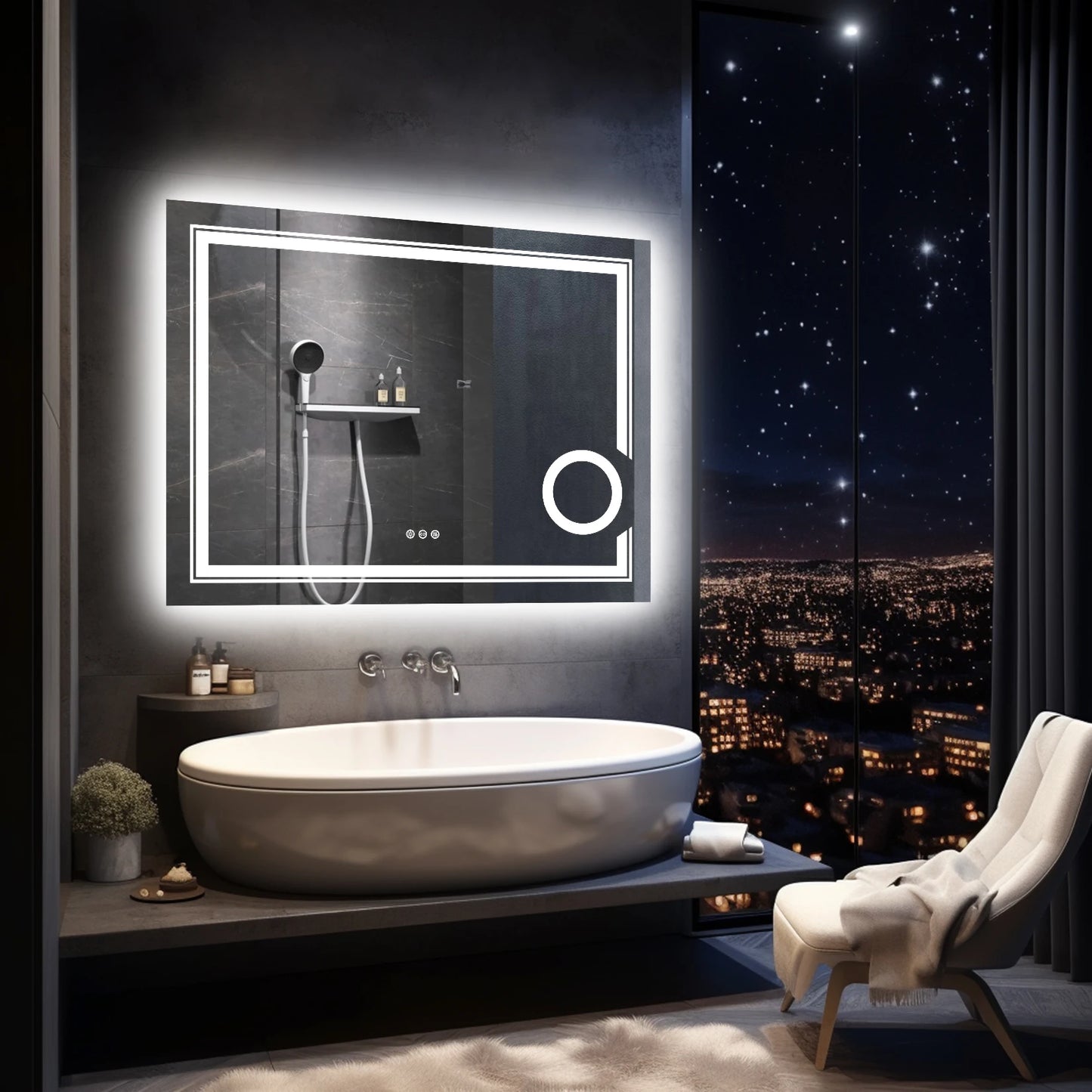 Double lights Smart LED Rectangle Bathroom Mirror with 3X Lighted Magnifier,  Front Backlit Dimmable Anti-Fog