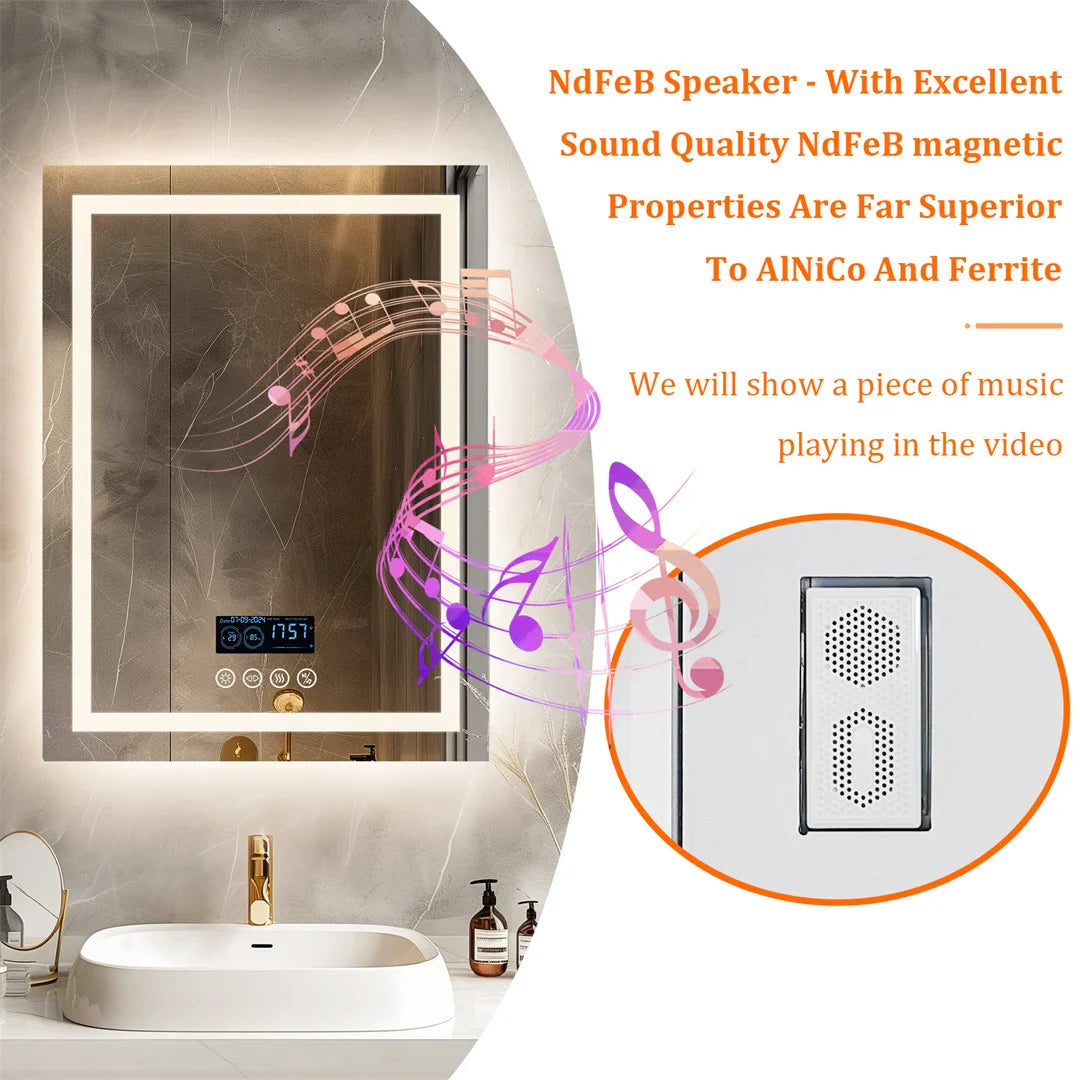 Smart Rectangle Bluetooth Bathroom Mirror with Time & Temperature Display, Double light，Dimmable LED, Anti-Fog, and Built-in Speaker