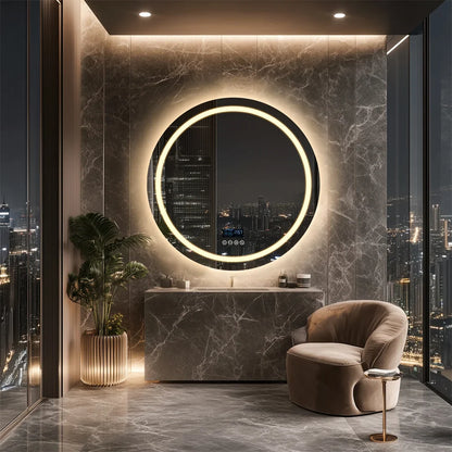 Smart Round Bathroom Mirror with Dual Bluetooth Speakers, Double light,Anti-Fog, Time & Temperature Display