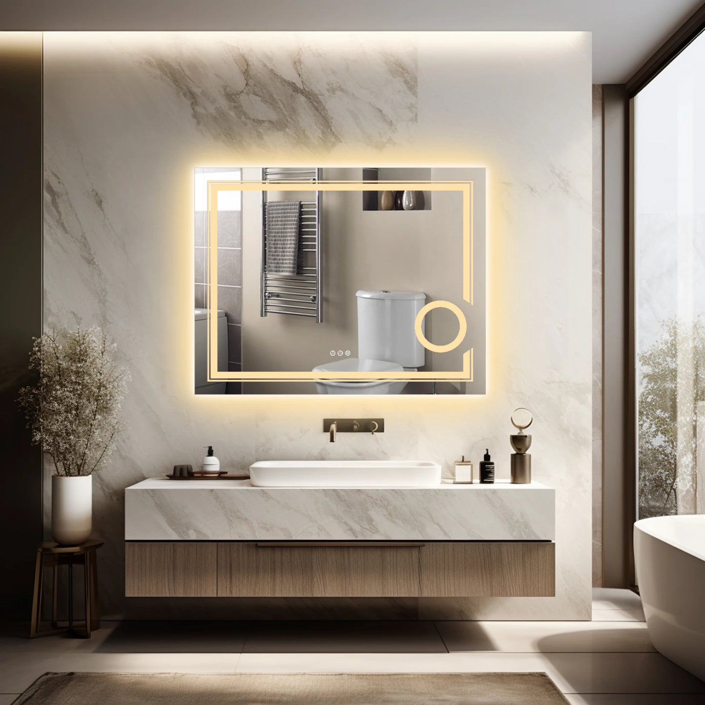 Double lights Smart LED Rectangle Bathroom Mirror with 3X Lighted Magnifier,  Front Backlit Dimmable Anti-Fog