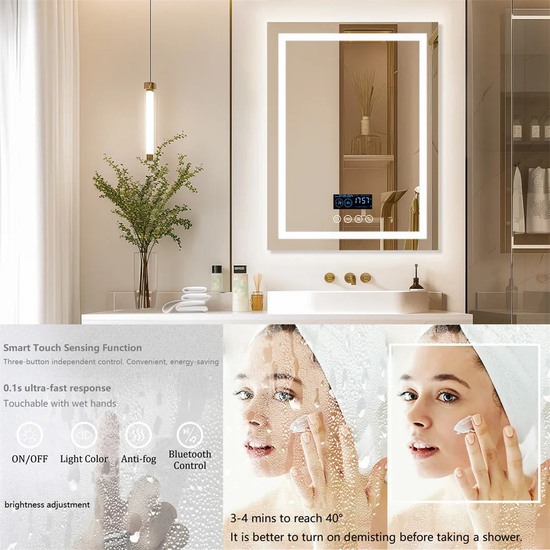 Smart Rectangle Bluetooth Bathroom Mirror with Time & Temperature Display, Double light，Dimmable LED, Anti-Fog, and Built-in Speaker