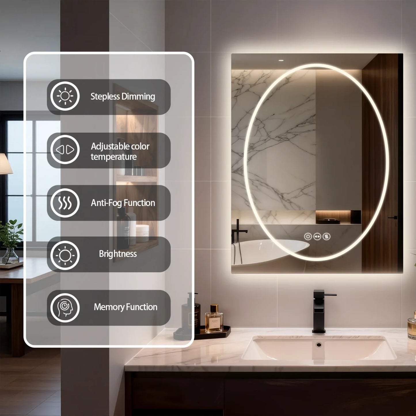 Frameless Double LED Lighted Bathroom Mirror, Rectangle & Round Tempered Glass Frontlit and Backlit Antifog