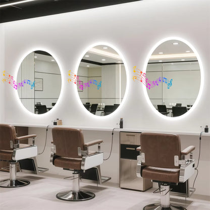 Oval Smart Bluetooth LED Bathroom Mirror with Double NdFeB Speakers,Smart Memory Dimming Lighted Anit-fog Mirror