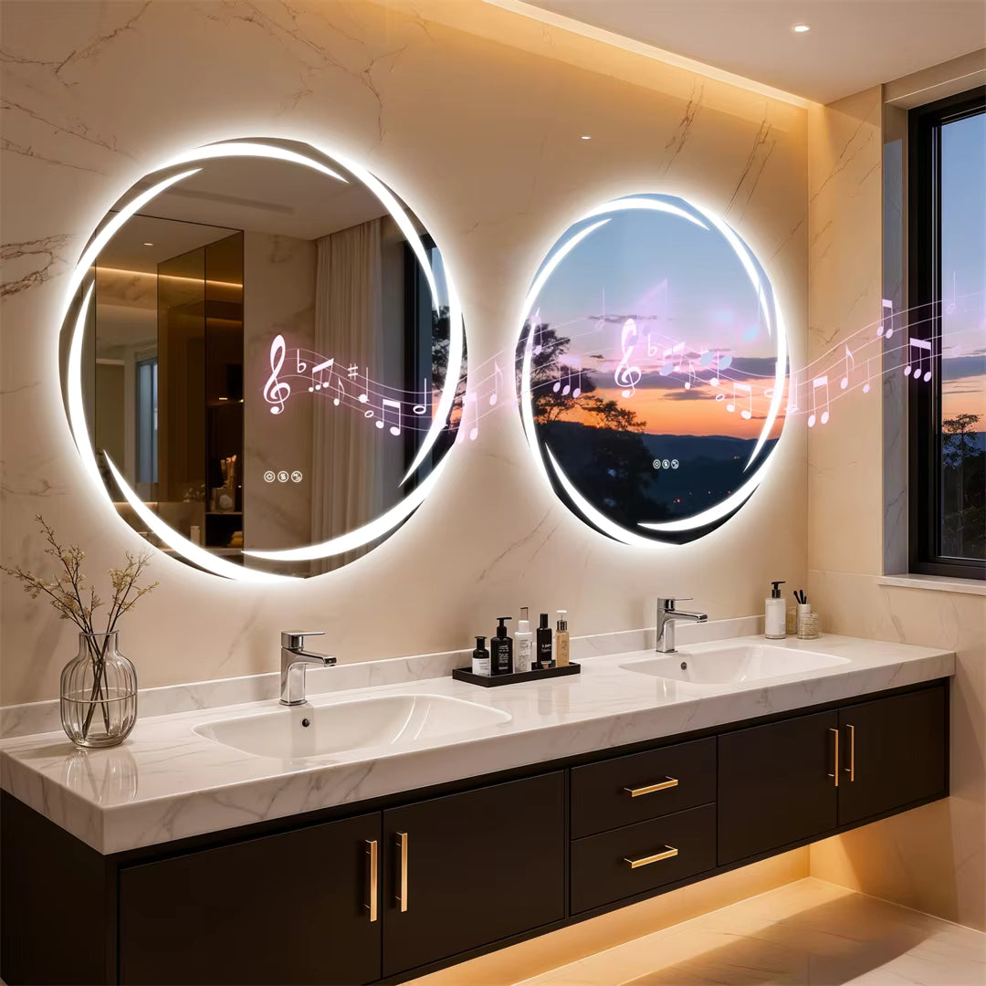 32" Round Bluetooth Bathroom Mirror with Double Speakers,Defog,Dimming & Memory Function
