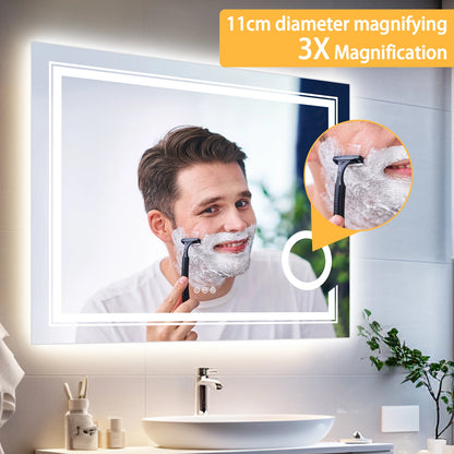 Double lights Smart LED Rectangle Bathroom Mirror with 3X Lighted Magnifier,  Front Backlit Dimmable Anti-Fog