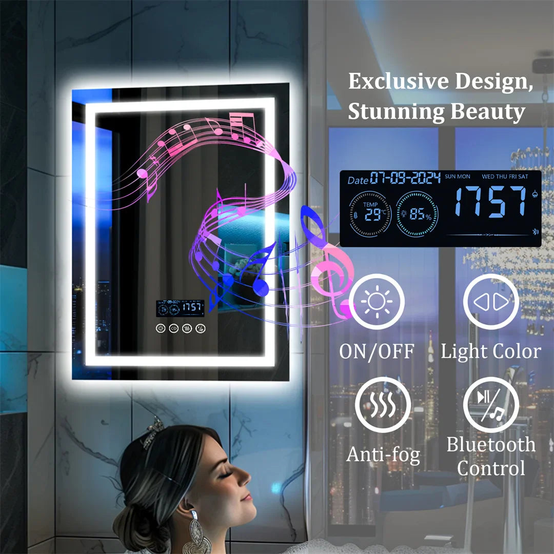 Smart Rectangle Bluetooth Bathroom Mirror with Time & Temperature Display, Double light，Dimmable LED, Anti-Fog, and Built-in Speaker