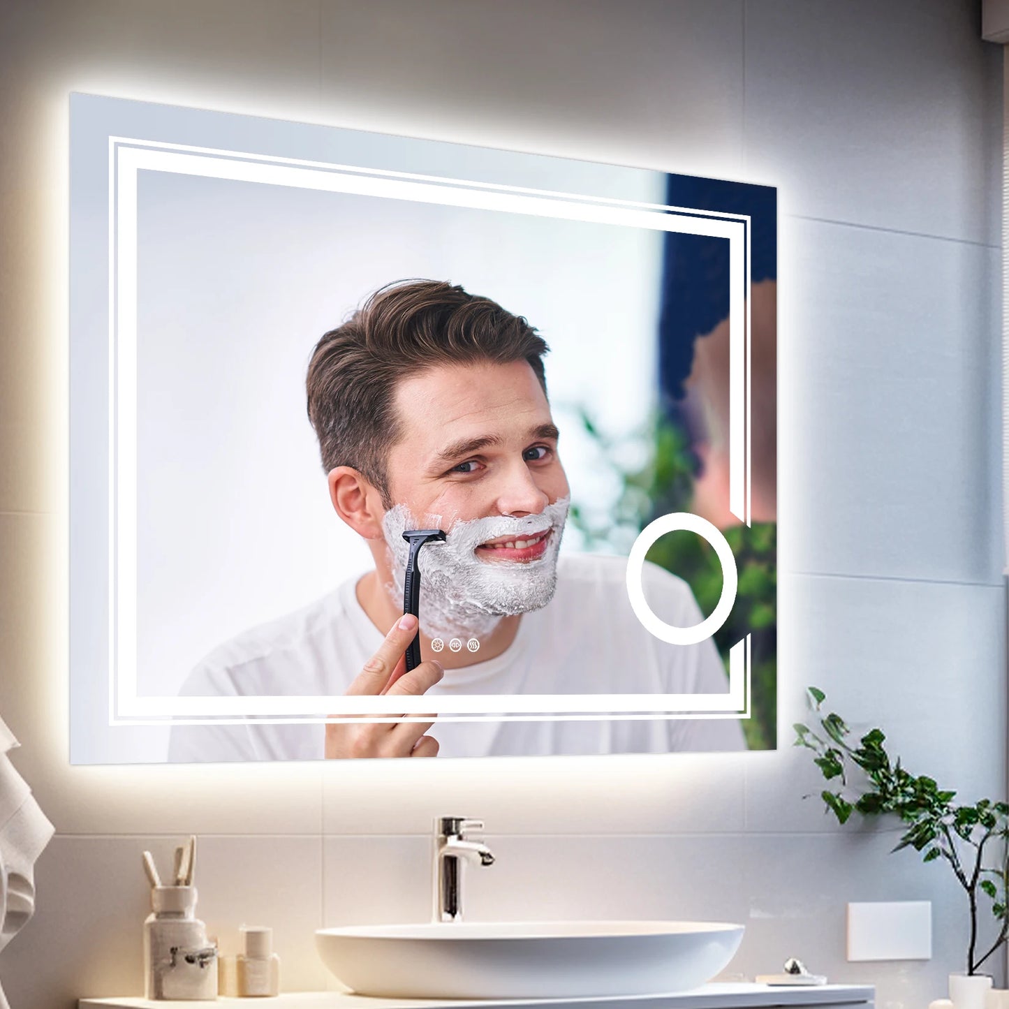 Double lights Smart LED Rectangle Bathroom Mirror with 3X Lighted Magnifier,  Front Backlit Dimmable Anti-Fog
