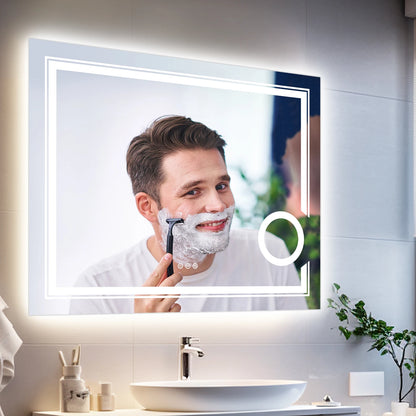Double lights Smart LED Rectangle Bathroom Mirror with 3X Lighted Magnifier,  Front Backlit Dimmable Anti-Fog