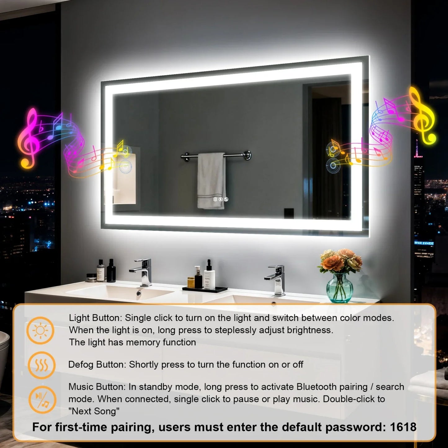 Rectangle LED Bathroom Mirror with Bluetooth Speaker 3 Colors Dimmable Defog Vanity Mirror