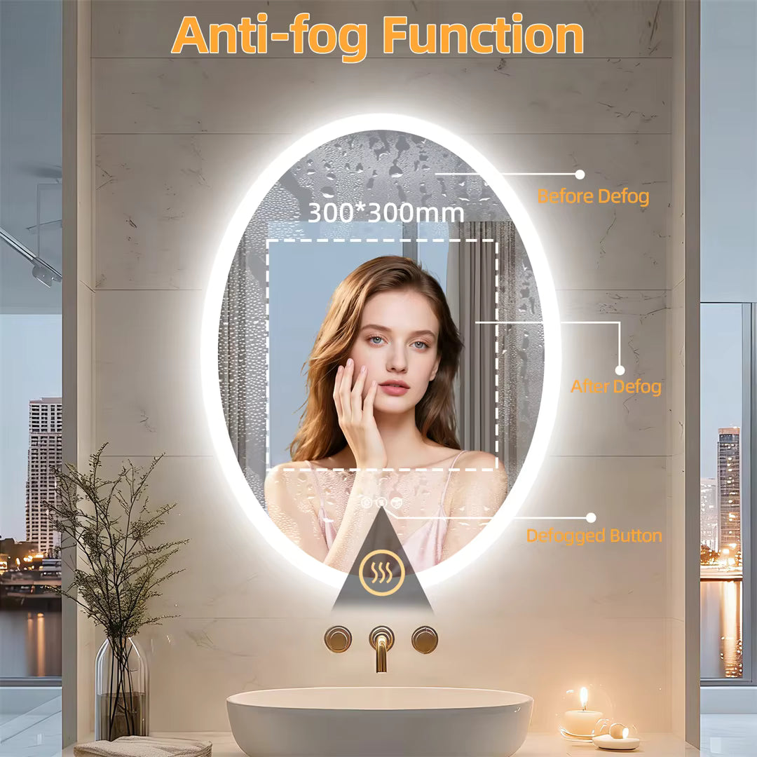 Oval Smart Bluetooth LED Bathroom Mirror with Double NdFeB Speakers,Smart Memory Dimming Lighted Anit-fog Mirror