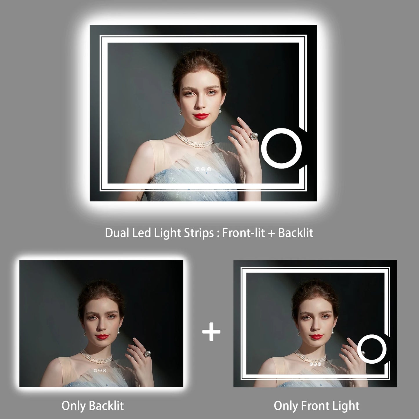 Double lights Smart LED Rectangle Bathroom Mirror with 3X Lighted Magnifier,  Front Backlit Dimmable Anti-Fog