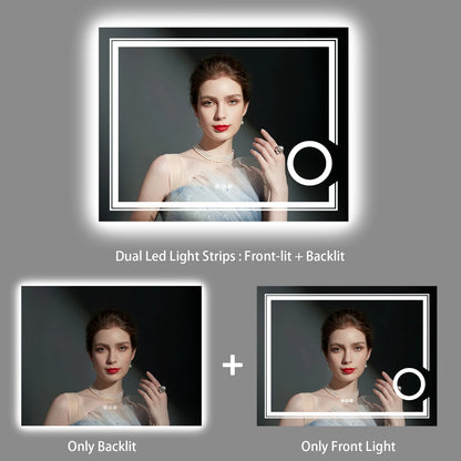 Double lights Smart LED Rectangle Bathroom Mirror with 3X Lighted Magnifier,  Front Backlit Dimmable Anti-Fog