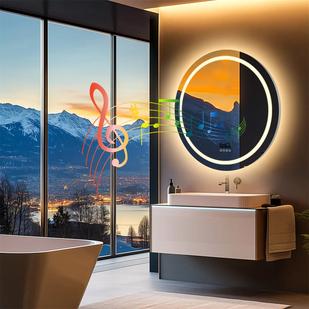 Smart Round Bathroom Mirror with Dual Bluetooth Speakers, Double light,Anti-Fog, Time & Temperature Display