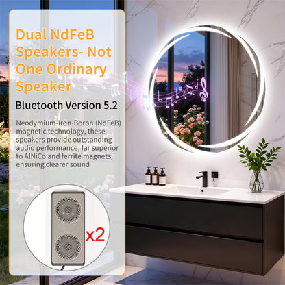 32" Round Bluetooth Bathroom Mirror with Double Speakers,Defog,Dimming & Memory Function