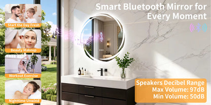 32" Round Bluetooth Bathroom Mirror with Double Speakers,Defog,Dimming & Memory Function