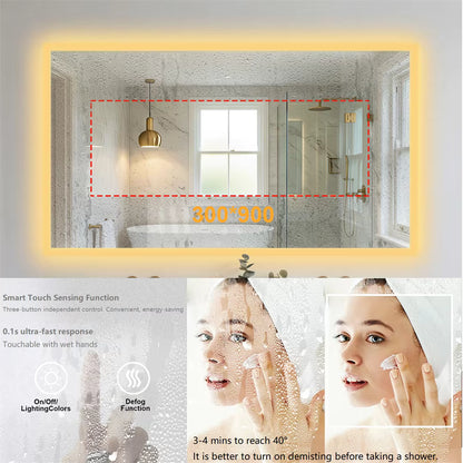 Large Backlit Rectangle Bathroom Mirror with Touch Sensor & Anti-Fog Function