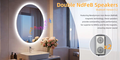 Oval Smart Bluetooth LED Bathroom Mirror with Double NdFeB Speakers,Smart Memory Dimming Lighted Anit-fog Mirror