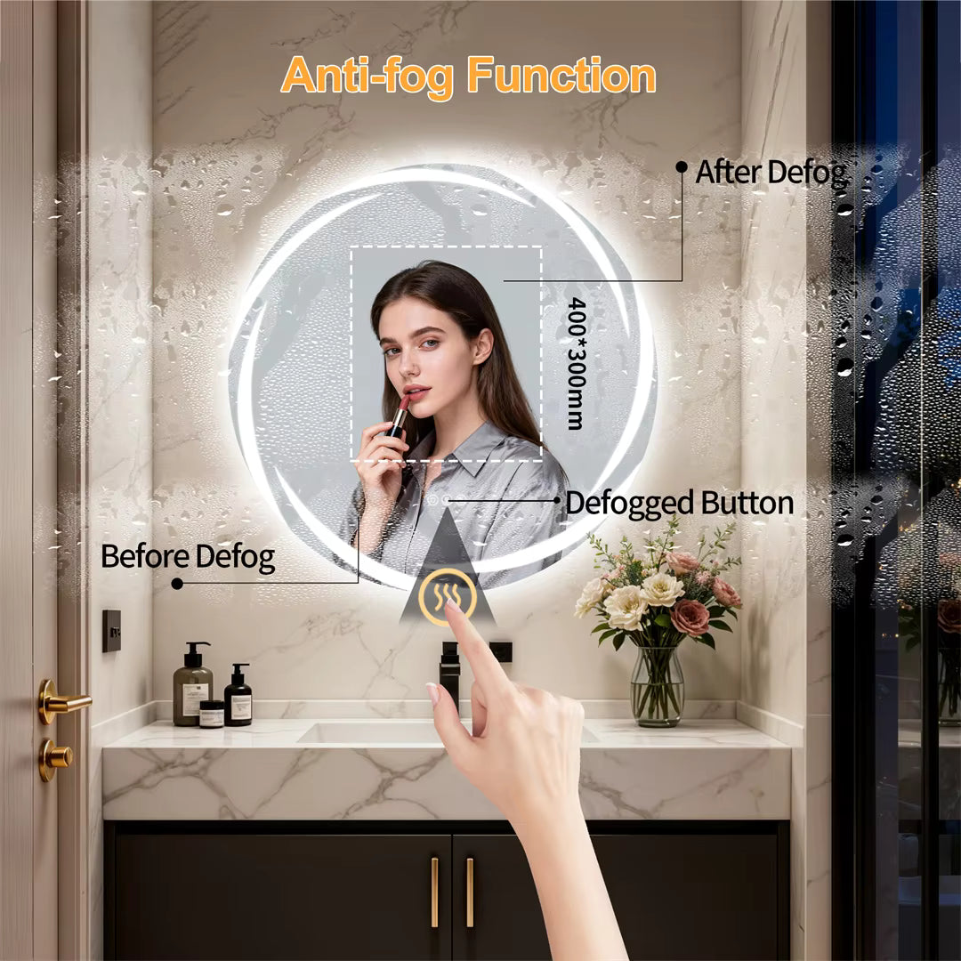 32" Round Bluetooth Bathroom Mirror with Double Speakers,Defog,Dimming & Memory Function