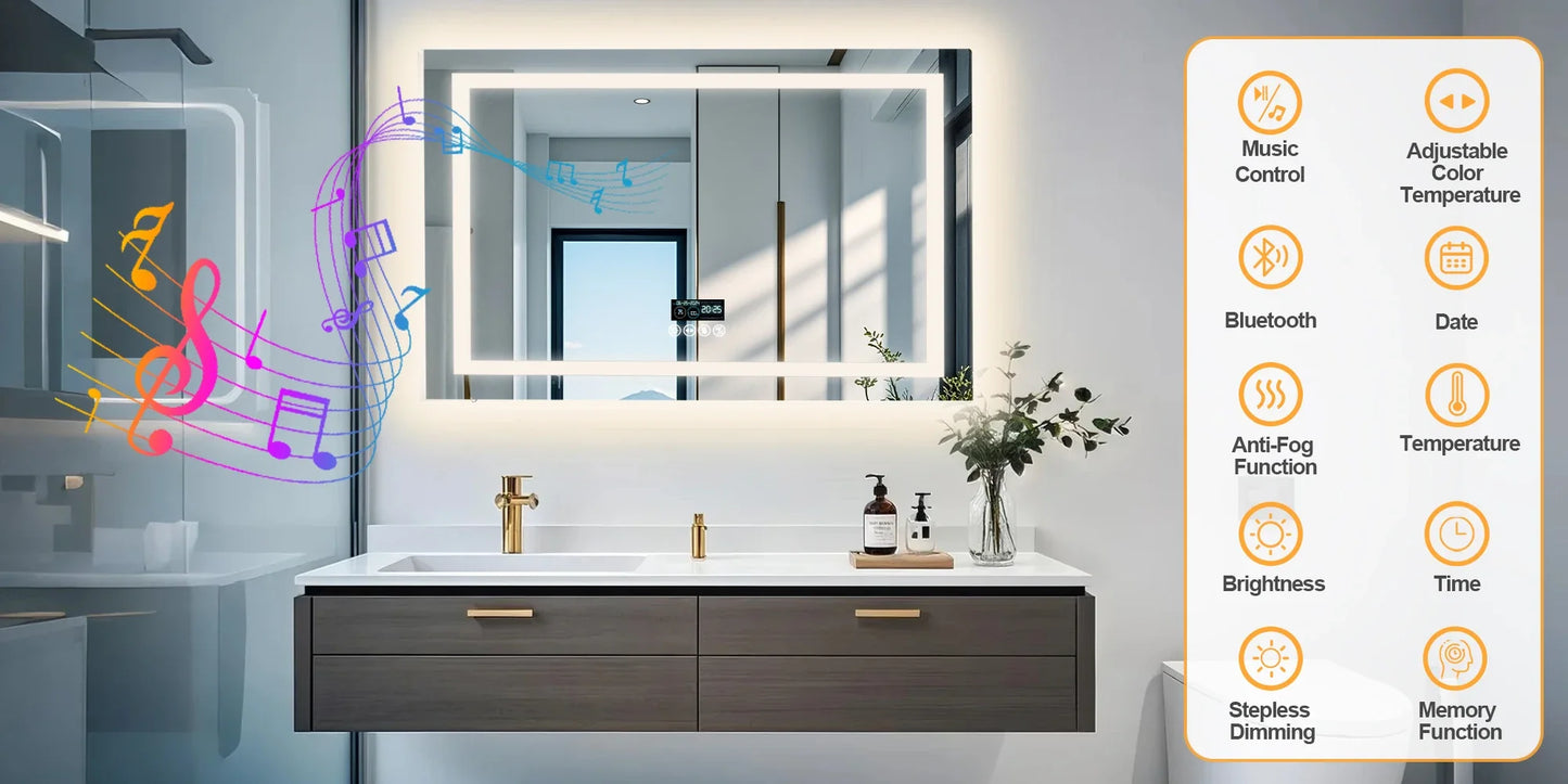 Rectangle Bluetooth Smart Bathroom Mirror  Illuminated Defog with Speakers and Time/Date/Temperature Display