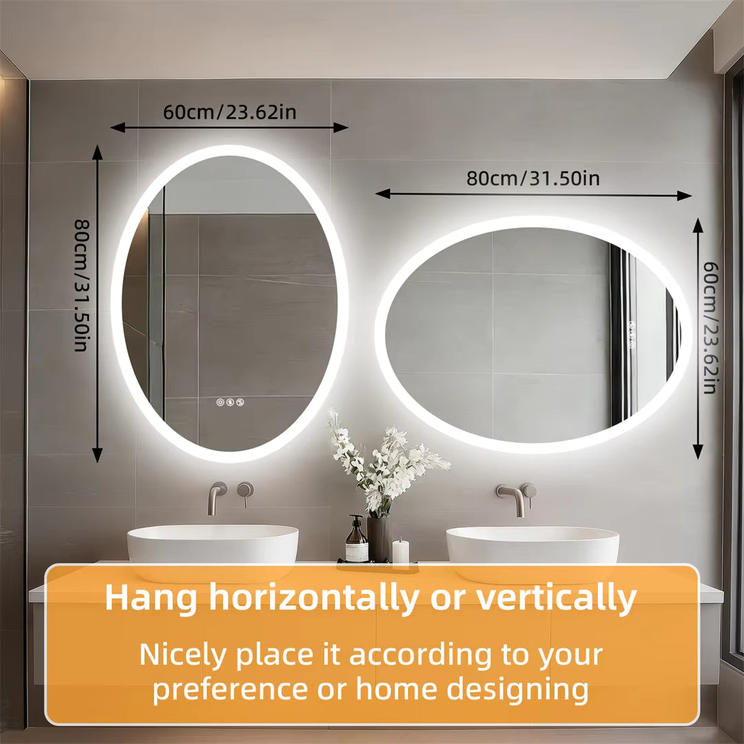 Oval Smart Bluetooth LED Bathroom Mirror with Double NdFeB Speakers,Smart Memory Dimming Lighted Anit-fog Mirror