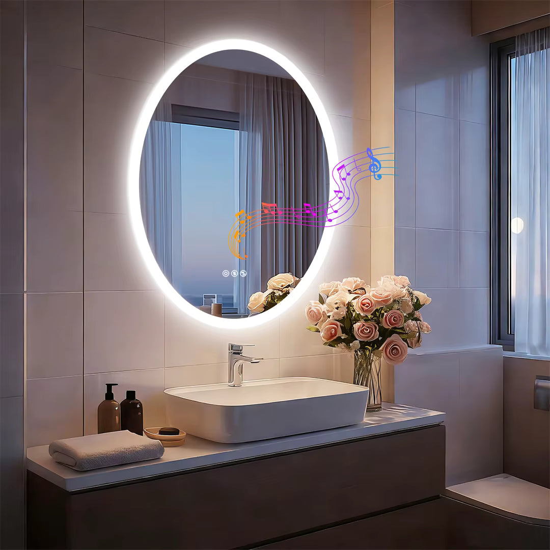 Oval Smart Bluetooth LED Bathroom Mirror with Double NdFeB Speakers,Smart Memory Dimming Lighted Anit-fog Mirror