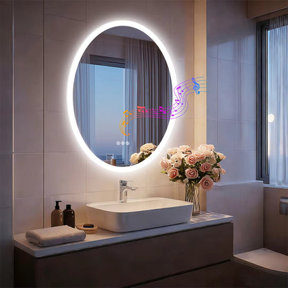 Oval Smart Bluetooth LED Bathroom Mirror with Double NdFeB Speakers,Smart Memory Dimming Lighted Anit-fog Mirror