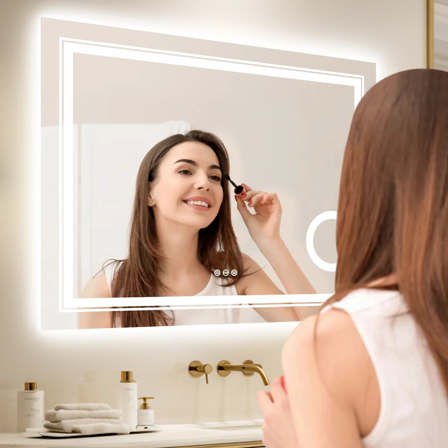 Double lights Smart LED Rectangle Bathroom Mirror with 3X Lighted Magnifier,  Front Backlit Dimmable Anti-Fog
