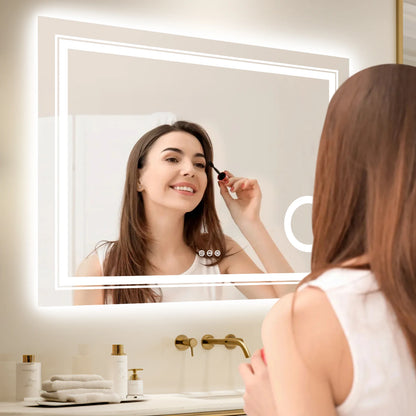 Double lights Smart LED Rectangle Bathroom Mirror with 3X Lighted Magnifier,  Front Backlit Dimmable Anti-Fog