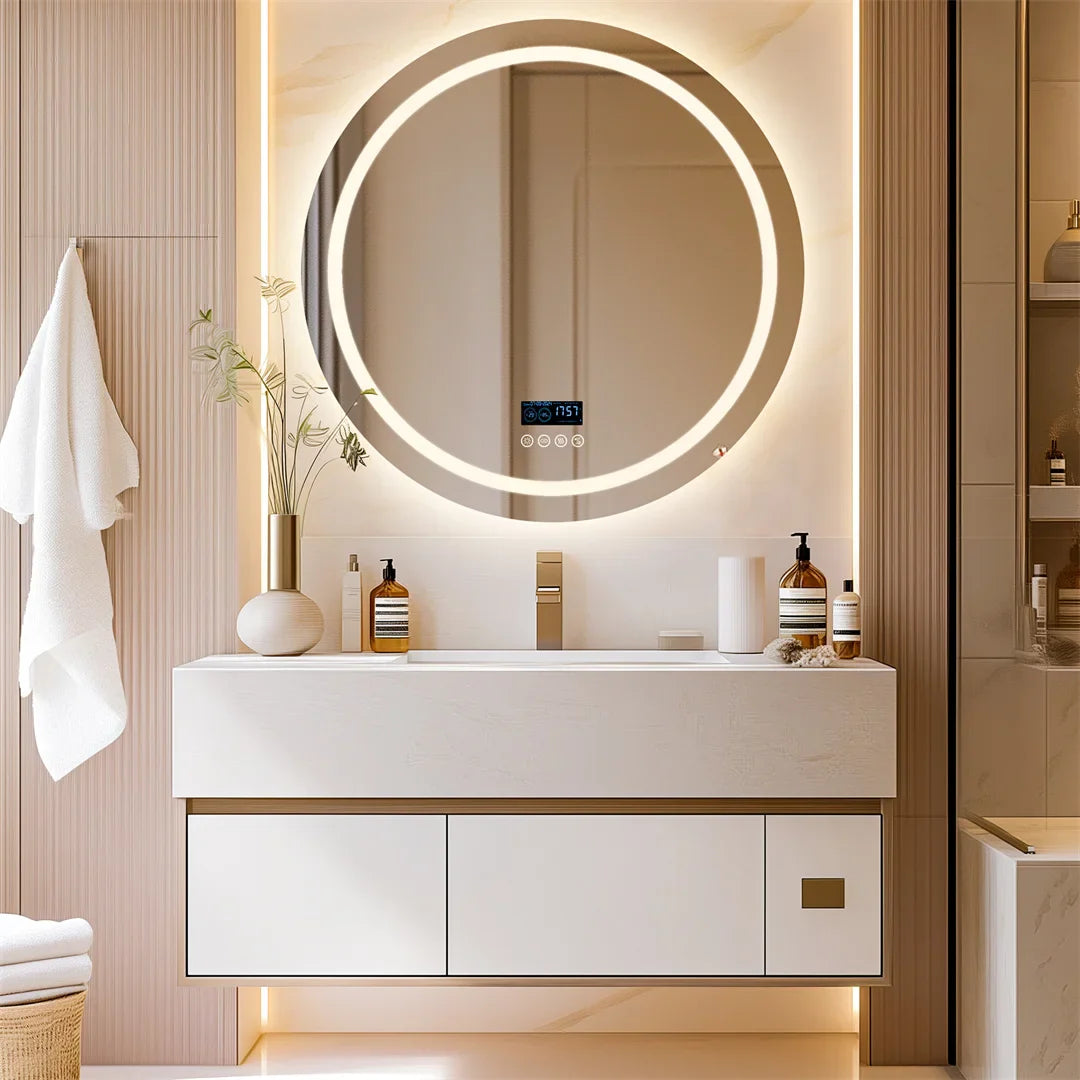 Smart Round Bathroom Mirror with Dual Bluetooth Speakers, Double light,Anti-Fog, Time & Temperature Display