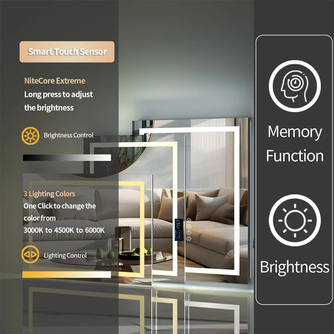 Smart Rectangle Bluetooth Bathroom Mirror with Time & Temperature Display, Double light，Dimmable LED, Anti-Fog, and Built-in Speaker