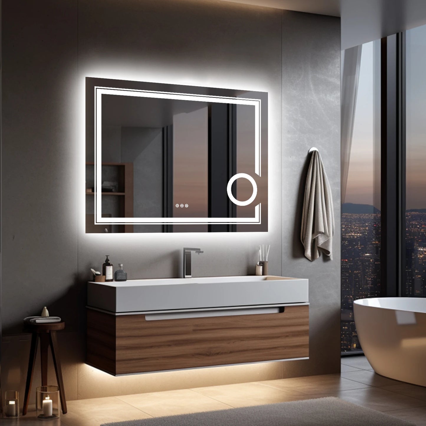 Double lights Smart LED Rectangle Bathroom Mirror with 3X Lighted Magnifier,  Front Backlit Dimmable Anti-Fog