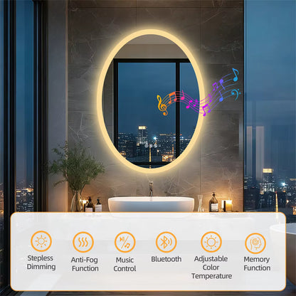 Oval Smart Bluetooth LED Bathroom Mirror with Double NdFeB Speakers,Smart Memory Dimming Lighted Anit-fog Mirror