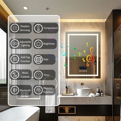 Smart Rectangle Bluetooth Bathroom Mirror with Time & Temperature Display, Double light，Dimmable LED, Anti-Fog, and Built-in Speaker