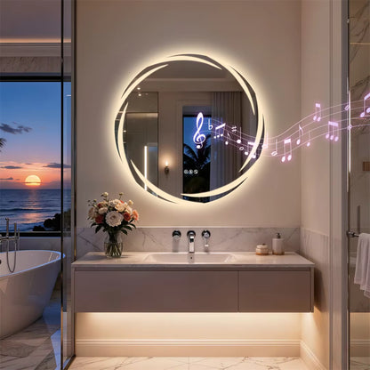32" Round Bluetooth Bathroom Mirror with Double Speakers,Defog,Dimming & Memory Function