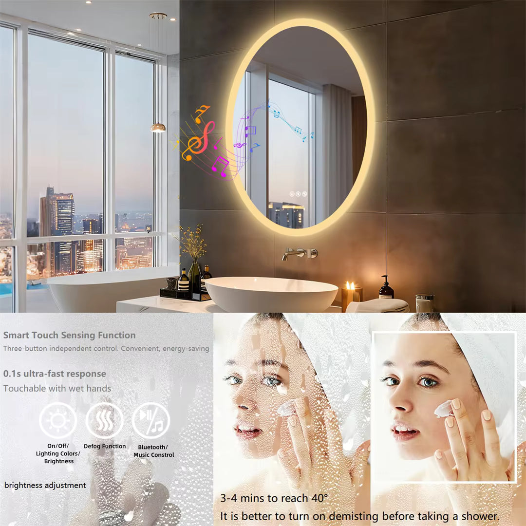 Oval Smart Bluetooth LED Bathroom Mirror with Double NdFeB Speakers,Smart Memory Dimming Lighted Anit-fog Mirror