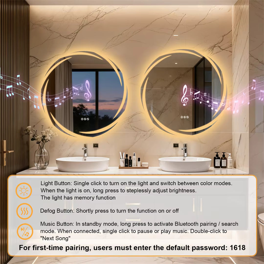 32" Round Bluetooth Bathroom Mirror with Double Speakers,Defog,Dimming & Memory Function