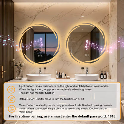 32" Round Bluetooth Bathroom Mirror with Double Speakers,Defog,Dimming & Memory Function