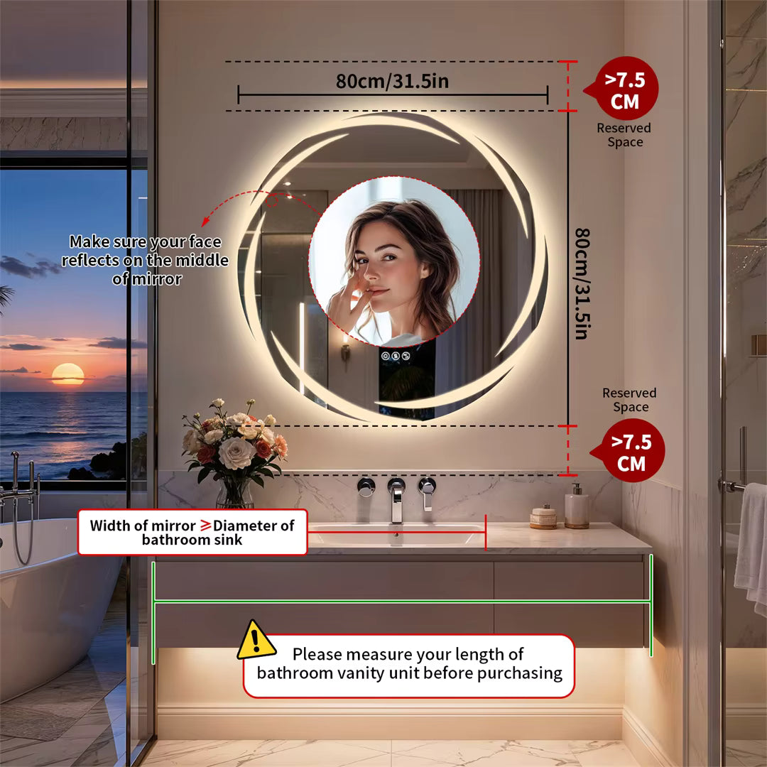 32" Round Bluetooth Bathroom Mirror with Double Speakers,Defog,Dimming & Memory Function