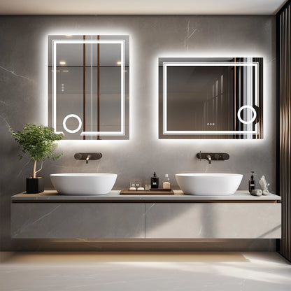 Double lights Smart LED Rectangle Bathroom Mirror with 3X Lighted Magnifier,  Front Backlit Dimmable Anti-Fog