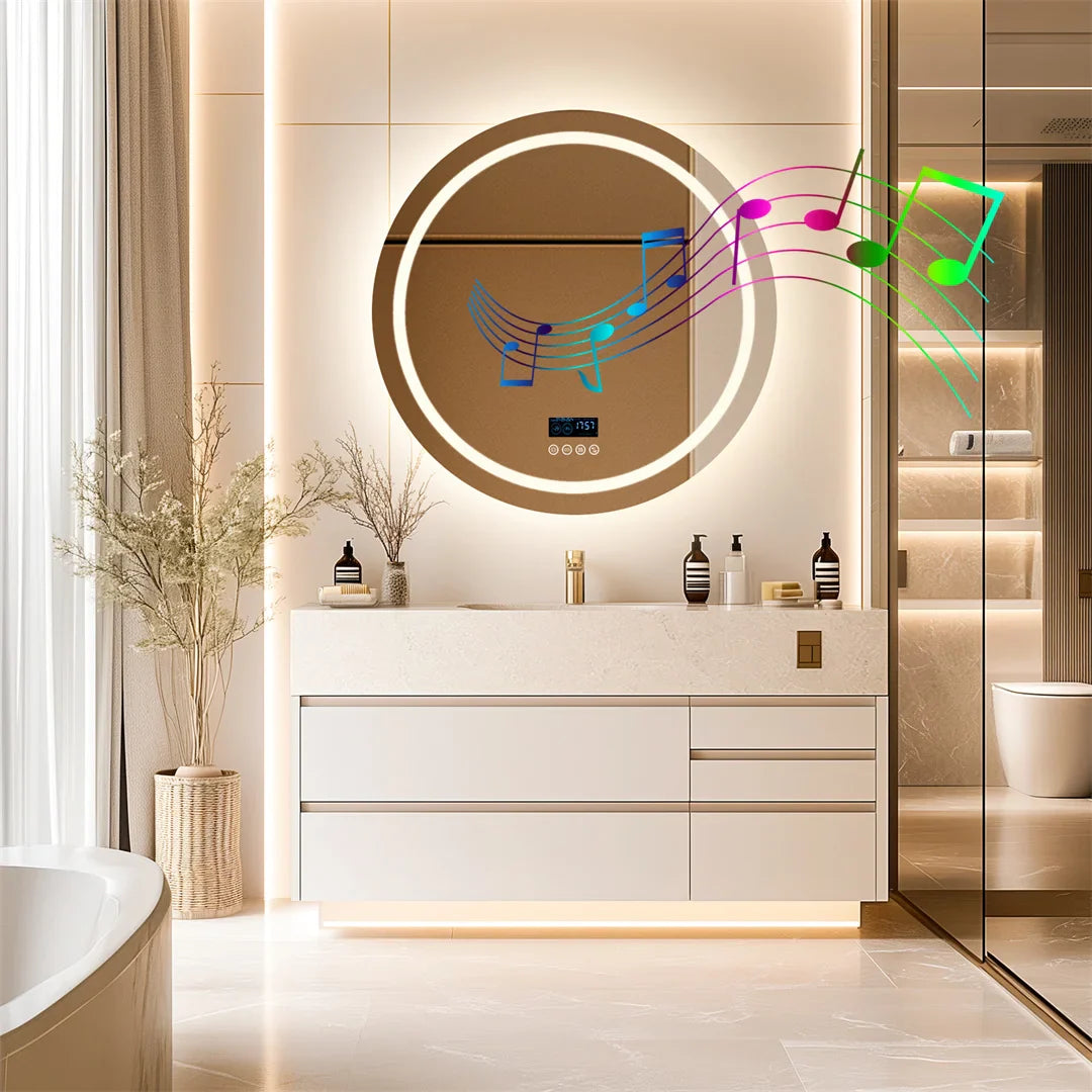 Smart Round Bathroom Mirror with Dual Bluetooth Speakers, Double light,Anti-Fog, Time & Temperature Display