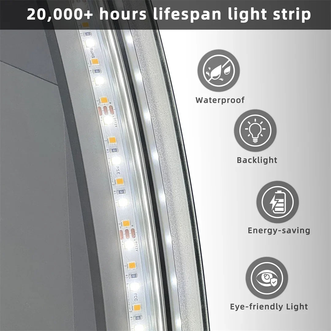 Backlit Round LED Bathroom Mirror, Dimmable Anti-Fog Waterproof Vanity Mirror