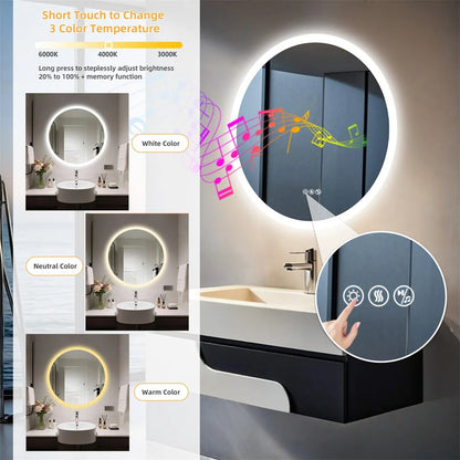 32-Inch Round LED Bathroom Mirror with Bluetooth Speakers – Wall-Mounted Lighted Vanity Mirror with Anti-Fog Function