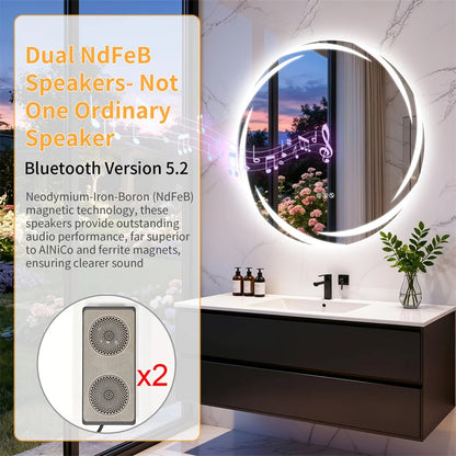 32" Round Bluetooth Bathroom Mirror with Double Speakers,Defog,Dimming & Memory Function