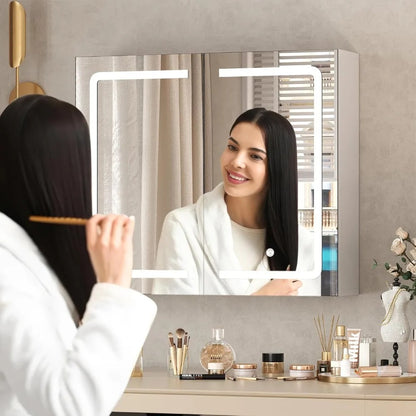 Wall-Mounted Bathroom Medicine Cabinet with LED Mirror – Double Doors, Storage Shelves, UC01