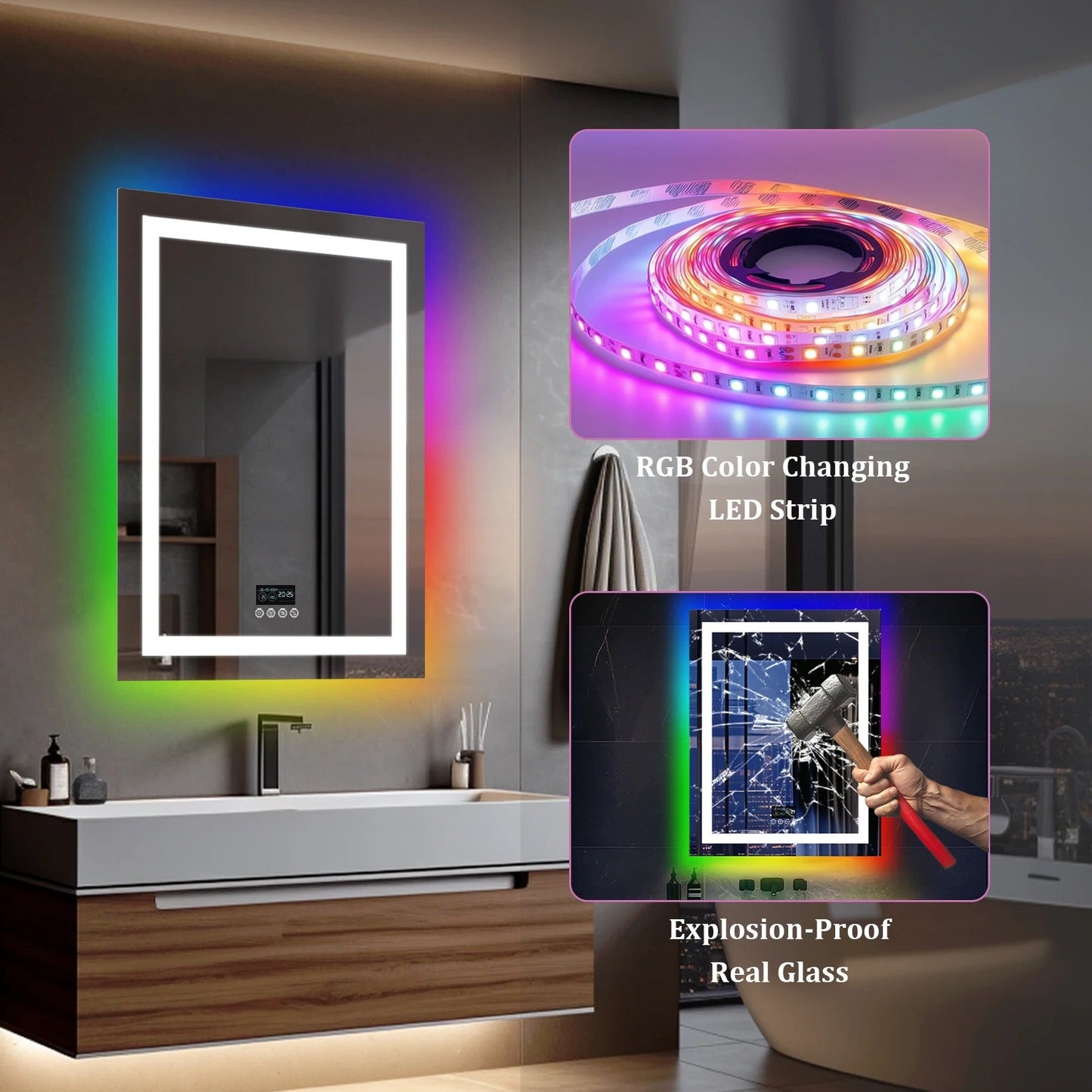 Rectangle Glitzy RGB，Smart LED mirror With Bluetooth Speakers，Double Light LED Bathroom Mirror ，Anti-Fog