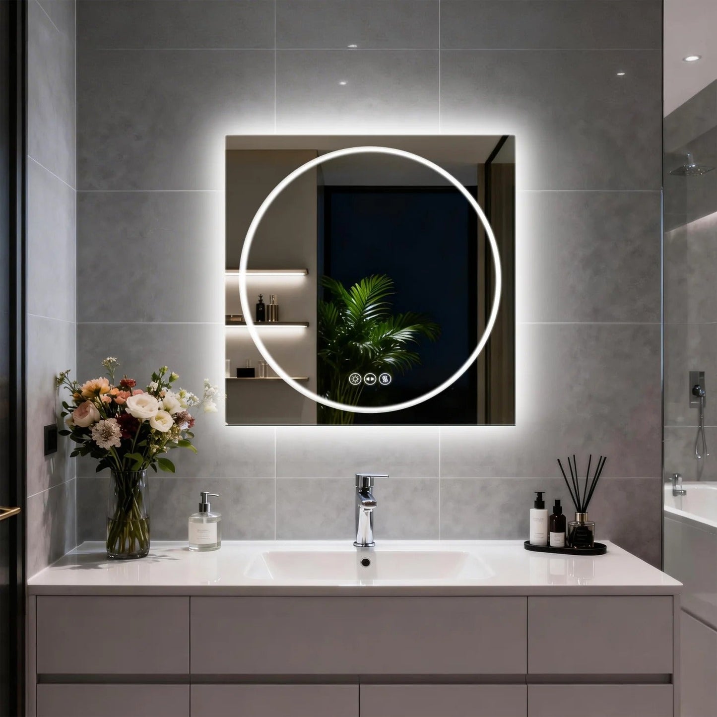 Frameless Double LED Lighted Bathroom Mirror, Rectangle & Round Tempered Glass Frontlit and Backlit Antifog